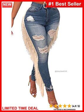 Ripped Distressed Skinny Jeans Fringe Tassels High Waisted Slim Fit Women's